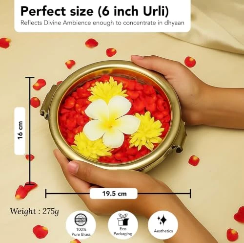 Brass Urli Bowl for Floating Flowers, 6 Inch (19.5x16 cm) view 3
