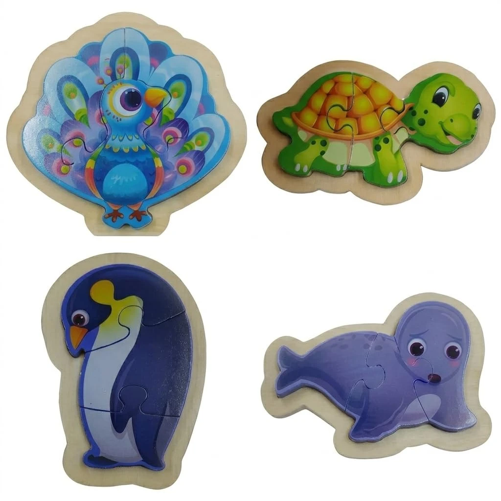 Wooden Bird & Ocean Animal Puzzle for Kids – Forest & Ocean Set of 4 Individual Boards – Peacock, Turtle, Penguin & Seal – Educational Toy for Toddlers Boys Girls Age 2–5