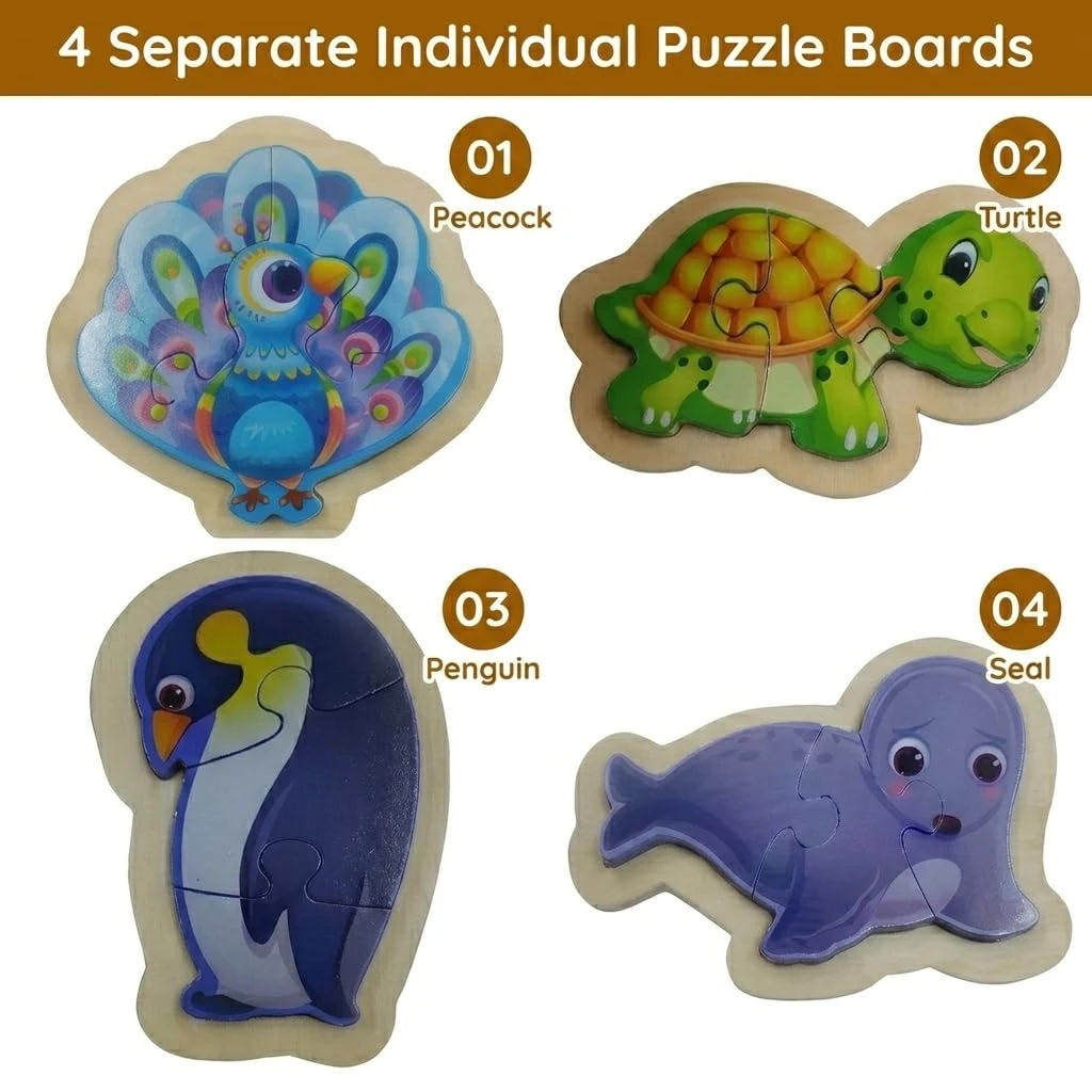 Wooden Bird & Ocean Animal Puzzle for Kids – Forest & Ocean Set of 4 Individual Boards – Peacock, Turtle, Penguin & Seal – Educational Toy for Toddlers Boys Girls Age 2–5 view 2