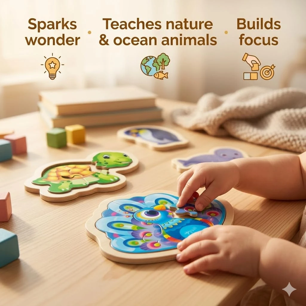 Wooden Bird & Ocean Animal Puzzle for Kids – Forest & Ocean Set of 4 Individual Boards – Peacock, Turtle, Penguin & Seal – Educational Toy for Toddlers Boys Girls Age 2–5 view 5