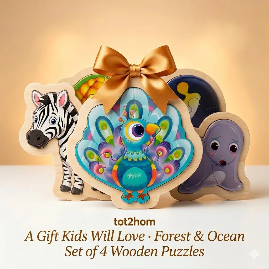 Wooden Bird & Ocean Animal Puzzle for Kids – Forest & Ocean Set of 4 Individual Boards – Peacock, Turtle, Penguin & Seal – Educational Toy for Toddlers Boys Girls Age 2–5 view 7