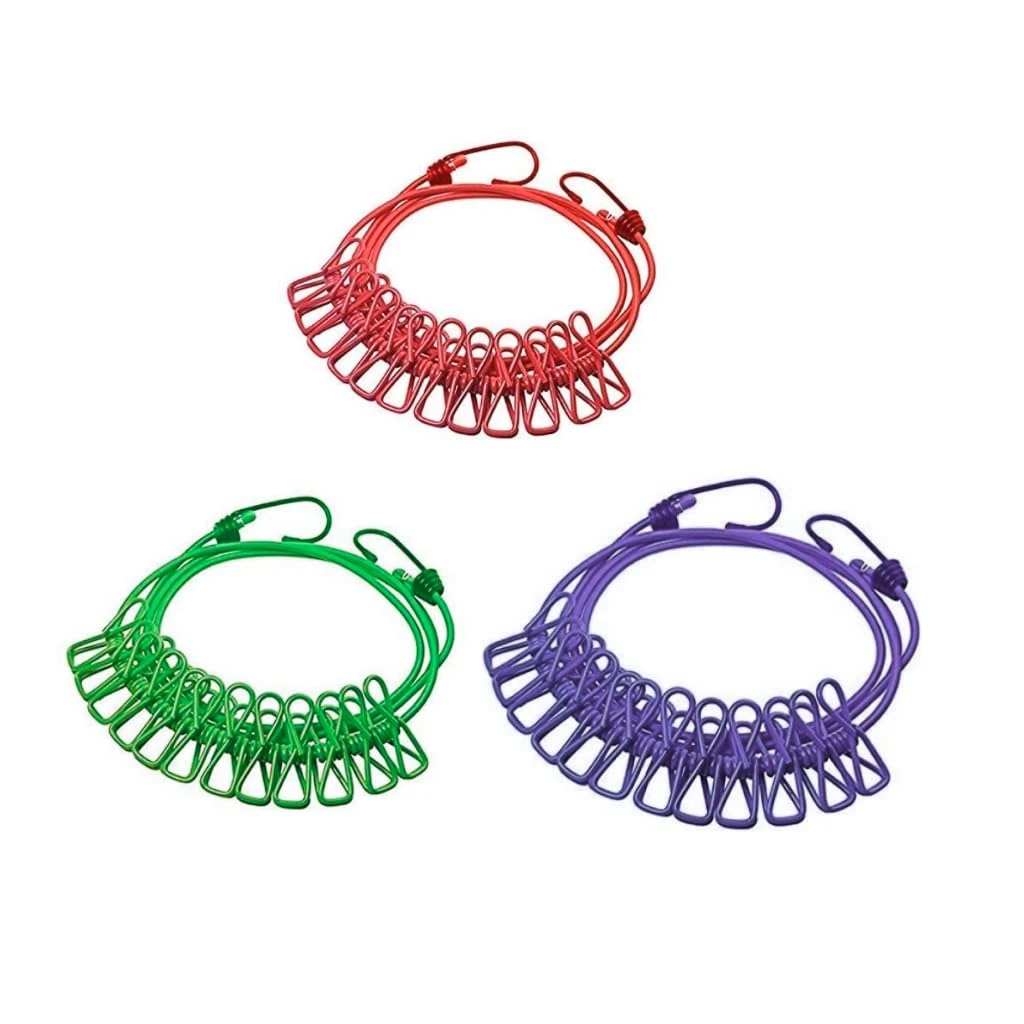 Tot2hom Cloth Drying Rope with 12 Clips and 2 Hooks, | Retractable Clothes Drying Rope | Hooks for Clothes Hanging | Nylon Thread Cloth line with Clips for Home Travel - Multicolour Pack of (3)