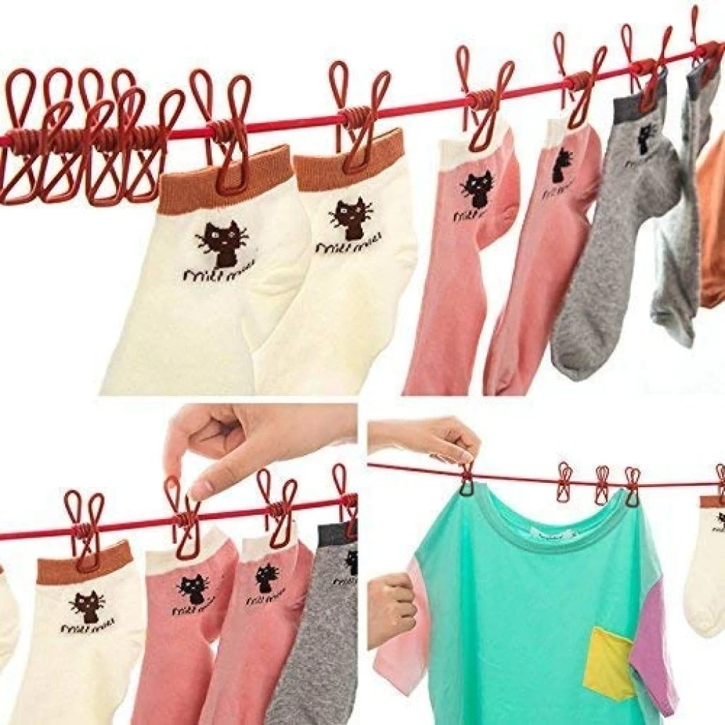 Tot2hom Cloth Drying Rope with 12 Clips and 2 Hooks, | Retractable Clothes Drying Rope | Hooks for Clothes Hanging | Nylon Thread Cloth line with Clips for Home Travel - Multicolour Pack of (3) view 4