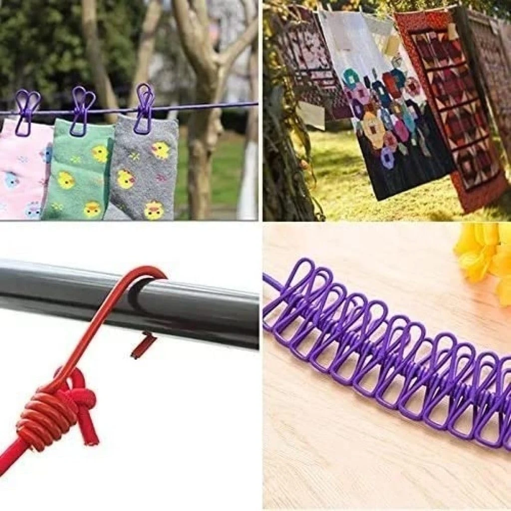 Tot2hom Cloth Drying Rope with 12 Clips and 2 Hooks, | Retractable Clothes Drying Rope | Hooks for Clothes Hanging | Nylon Thread Cloth line with Clips for Home Travel - Multicolour Pack of (3) view 7