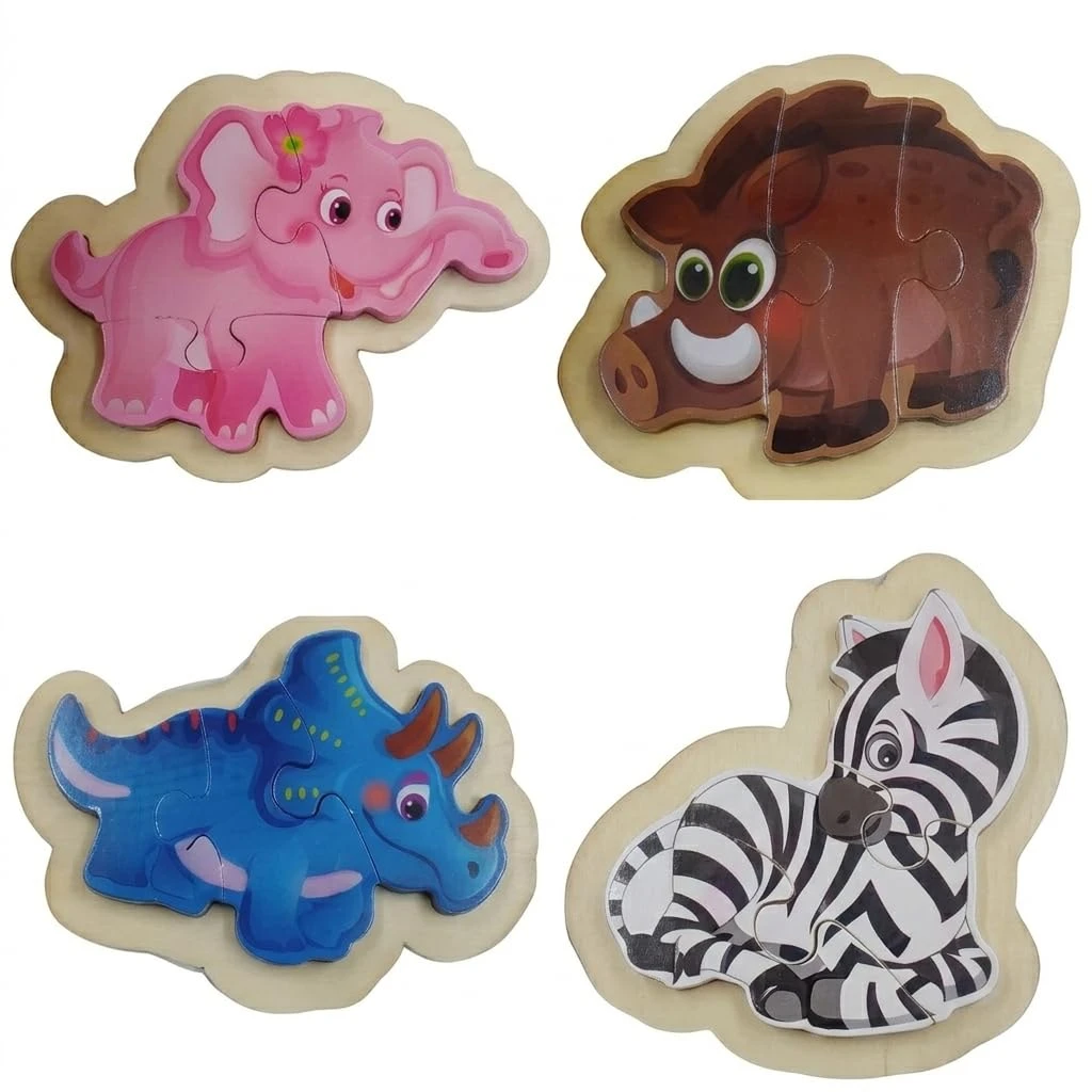 Wooden Jungle Animal Puzzle for Kids – Wild Animals Set of 4 Individual Boards – Elephant, Zebra, Rhino & Wild Boar – Educational Toy for Toddlers Boys Girls Age 2 3 4 5