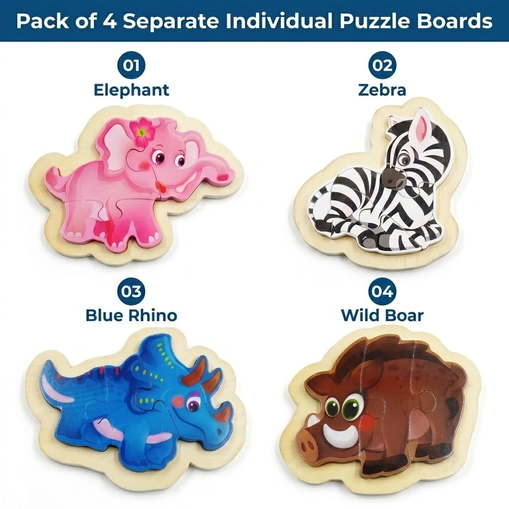 Wooden Jungle Animal Puzzle for Kids – Wild Animals Set of 4 Individual Boards – Elephant, Zebra, Rhino & Wild Boar – Educational Toy for Toddlers Boys Girls Age 2 3 4 5 view 2