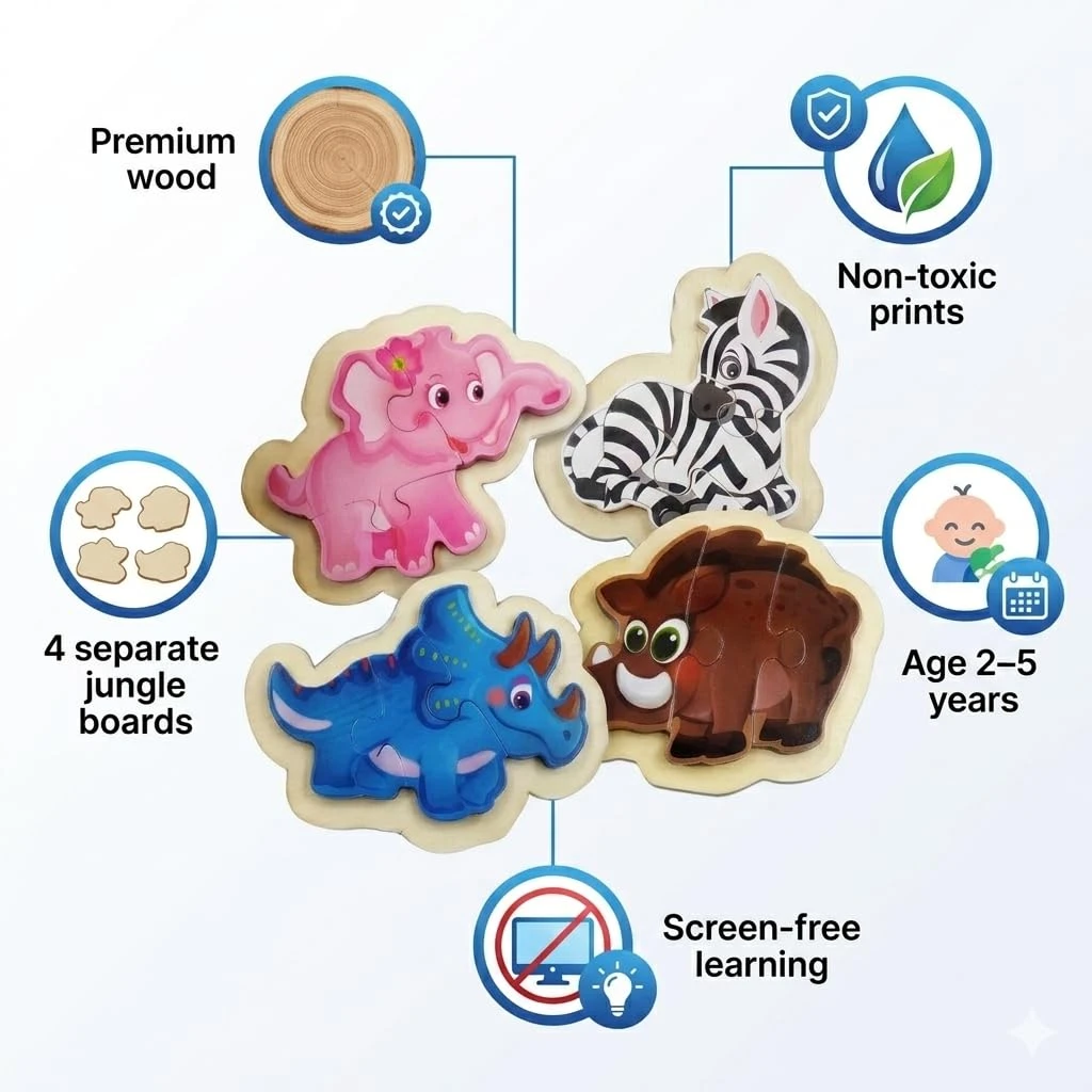 Wooden Jungle Animal Puzzle for Kids – Wild Animals Set of 4 Individual Boards – Elephant, Zebra, Rhino & Wild Boar – Educational Toy for Toddlers Boys Girls Age 2 3 4 5 view 4