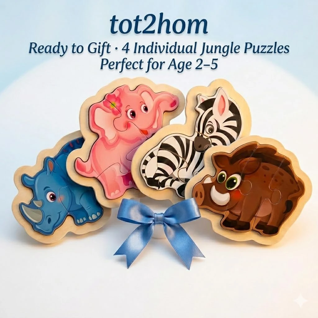 Wooden Jungle Animal Puzzle for Kids – Wild Animals Set of 4 Individual Boards – Elephant, Zebra, Rhino & Wild Boar – Educational Toy for Toddlers Boys Girls Age 2 3 4 5 view 7