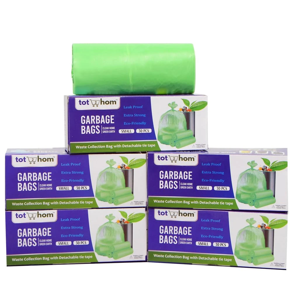 Tot2hom - Green Garbage Bags 17 x 19 Inches - Small Size - Pack of 5 Roll 150 Bags with Tie-String Strong Leak-Proof Dustbin Covers for Home, Office, Kitchen, Bathroom