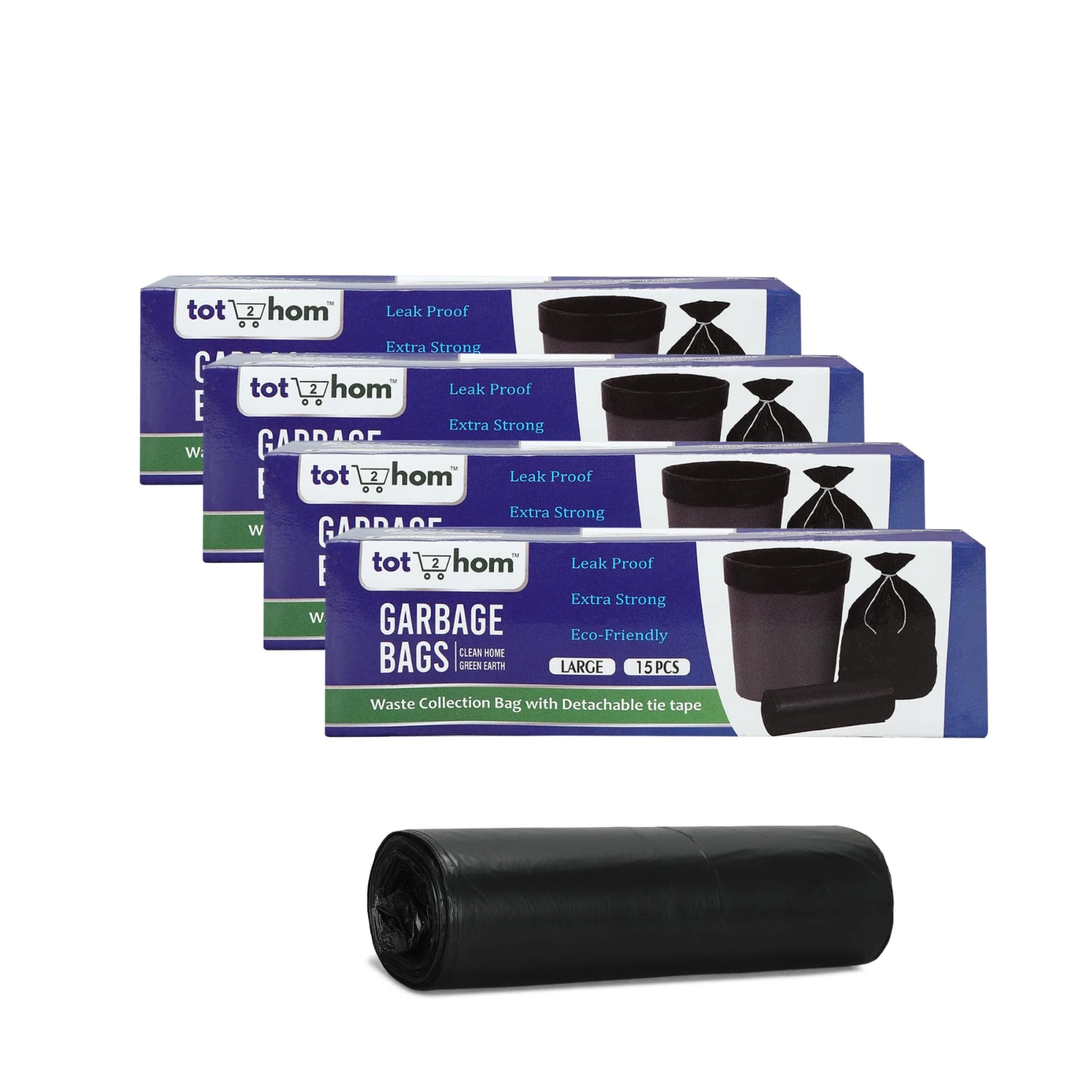 Tot2hom Large Size Garbage Bags Black 25 x 30 Inches – Pack of 4 Rolls - 60 Bags | with Tie-String | Strong Leak-Proof Dustbin Covers for Home, Kitchen, Restaurants, hospitals, office view 2