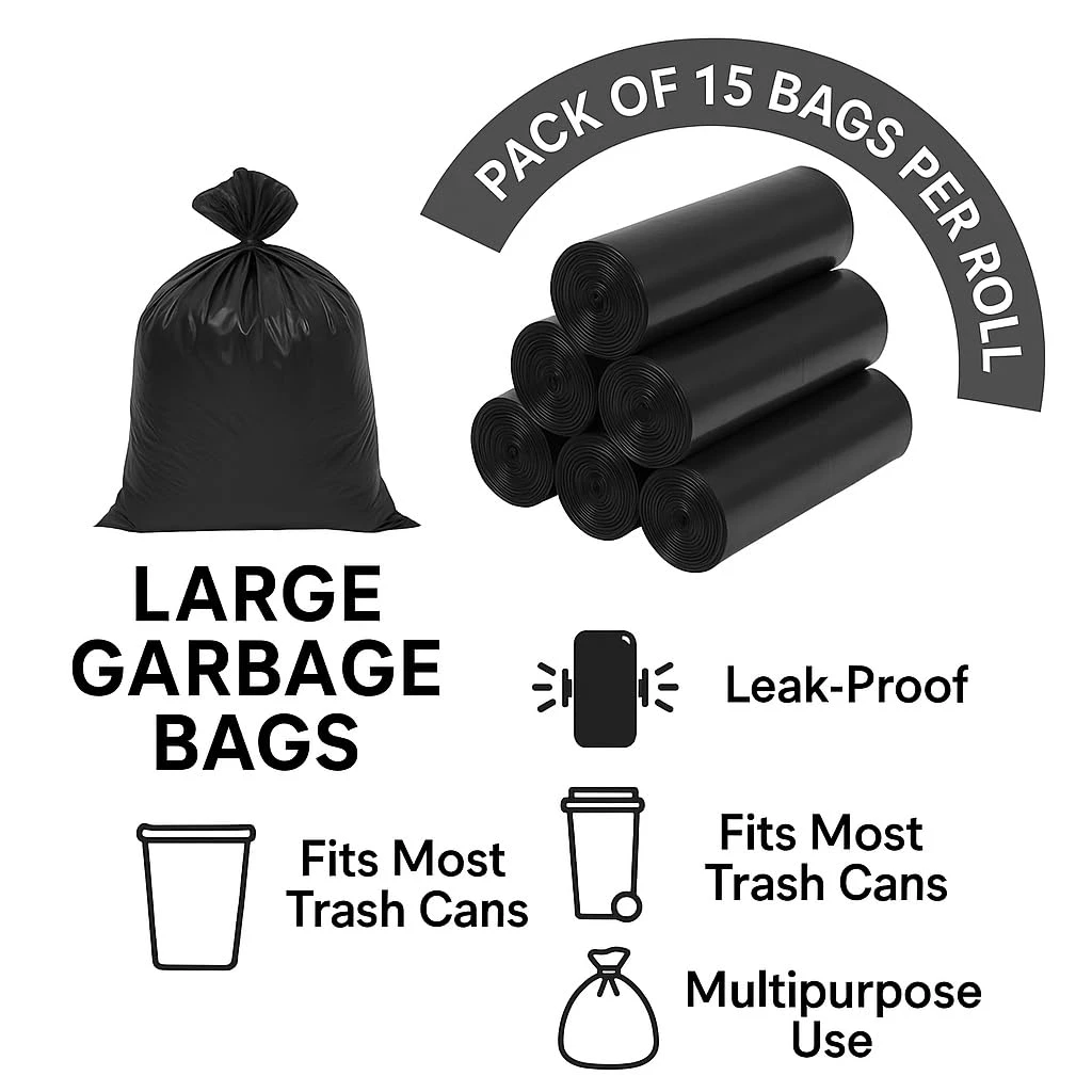 Tot2hom Large Size Garbage Bags Black 25 x 30 Inches – Pack of 4 Rolls - 60 Bags | with Tie-String | Strong Leak-Proof Dustbin Covers for Home, Kitchen, Restaurants, hospitals, office view 6