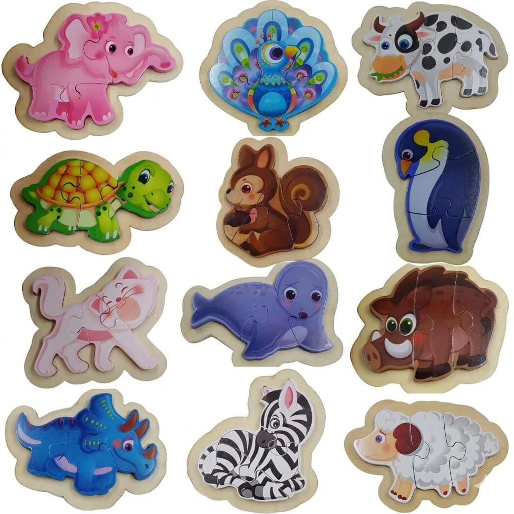 Wooden Animal Jigsaw Puzzle for Kids – Pack of 12 Individual Puzzle Boards – Elephant Peacock Cow Turtle Squirrel Penguin Cat Seal Rhino Boar Zebra Sheep – Educational Toy for Toddlers Age 2 to 5