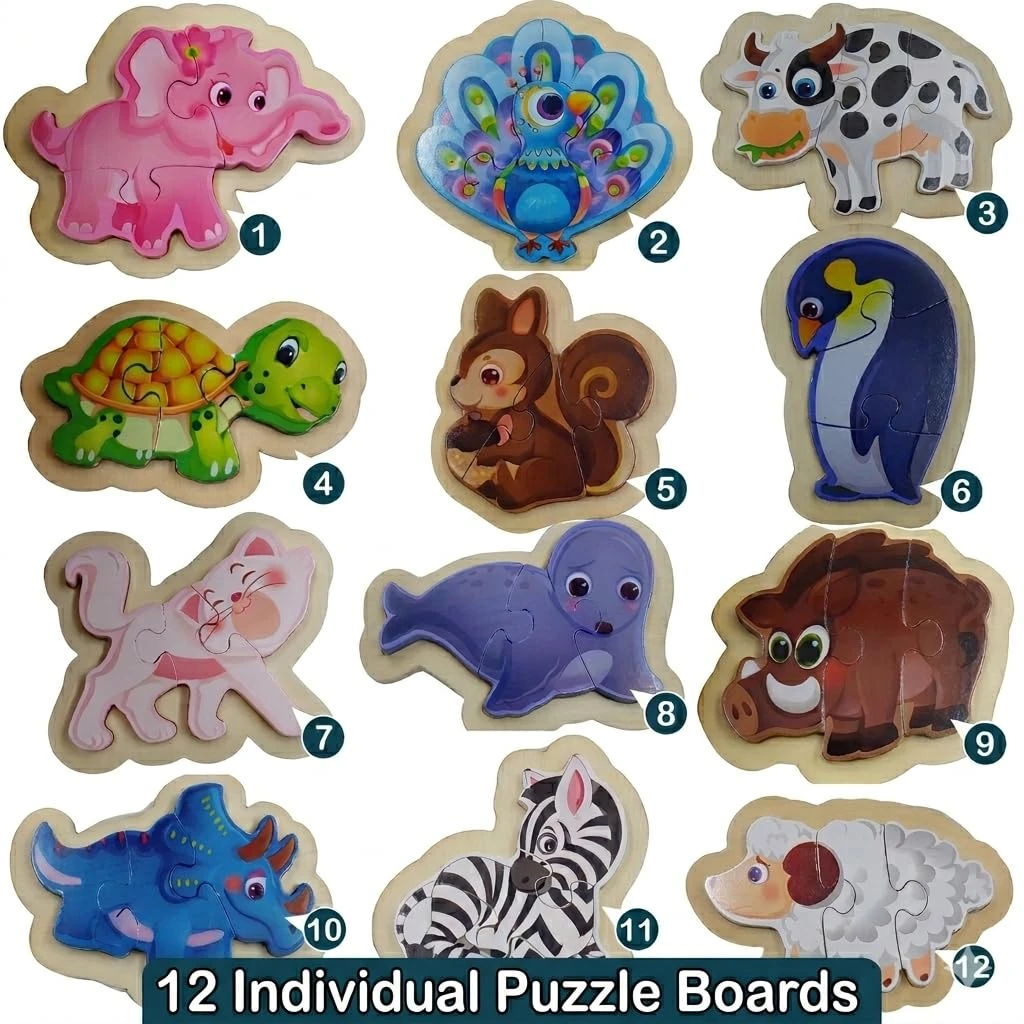 Wooden Animal Jigsaw Puzzle for Kids – Pack of 12 Individual Puzzle Boards – Elephant Peacock Cow Turtle Squirrel Penguin Cat Seal Rhino Boar Zebra Sheep – Educational Toy for Toddlers Age 2 to 5 view 2