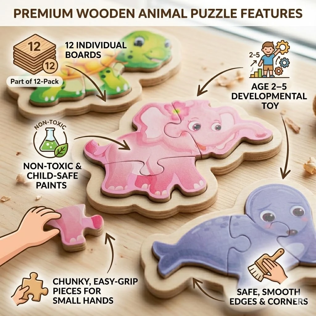 Wooden Animal Jigsaw Puzzle for Kids – Pack of 12 Individual Puzzle Boards – Elephant Peacock Cow Turtle Squirrel Penguin Cat Seal Rhino Boar Zebra Sheep – Educational Toy for Toddlers Age 2 to 5 view 4