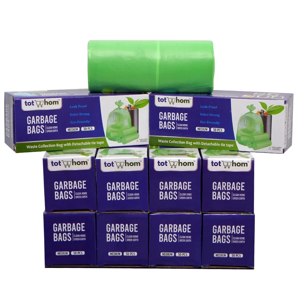 Tot2hom Green Garbage Bags Medium Size 19 x 21 Inches – Pack of 10 Roll - 300 Bags | with Tie-String | Strong Leak-Proof Dustbin Covers/waste bag/trash bag for Home, Office, Kitchen, Bathroom