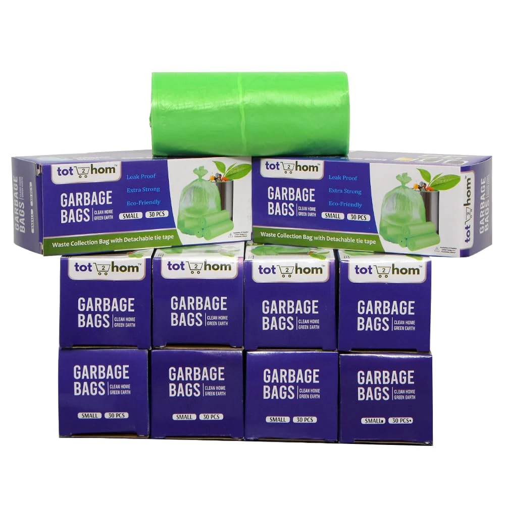 Tot2hom - Green Garbage Bags 17 x 19 Inches - Small Size - Pack of 10 Roll 300 Bags with Tie-String Strong Leak-Proof Dustbin Covers for Home, Office, Kitchen, Bathroom, hotels, hospitals