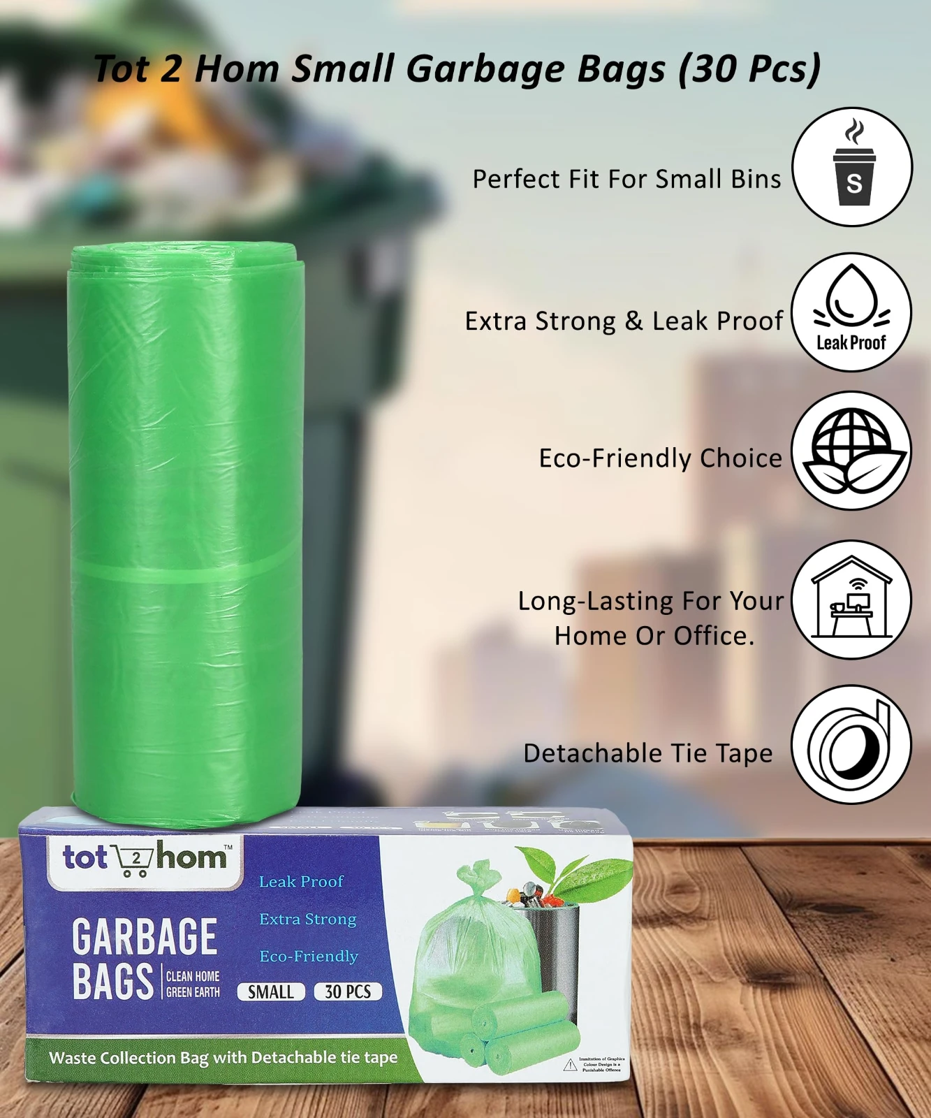 Tot2hom - Green Garbage Bags 17 x 19 Inches - Small Size - Pack of 10 Roll 300 Bags with Tie-String Strong Leak-Proof Dustbin Covers for Home, Office, Kitchen, Bathroom, hotels, hospitals view 3