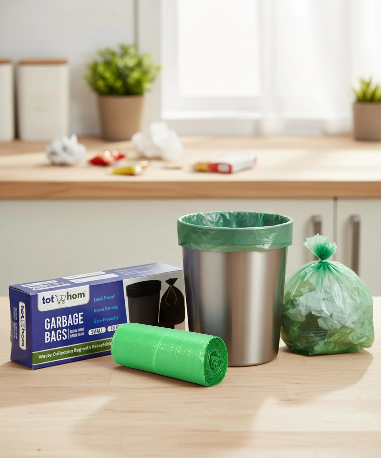Tot2hom - Green Garbage Bags 17 x 19 Inches - Small Size - Pack of 10 Roll 300 Bags with Tie-String Strong Leak-Proof Dustbin Covers for Home, Office, Kitchen, Bathroom, hotels, hospitals view 4
