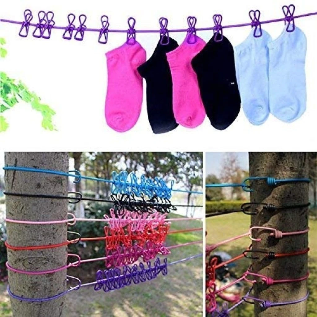 Tot2hom Cloth Drying Rope with 12 Clips and 2 Hooks, | Retractable Clothes Drying Rope | Hooks for Clothes Hanging | Nylon Thread Cloth line with Clips for Home Travel - Multicolour Pack of (5) view 3