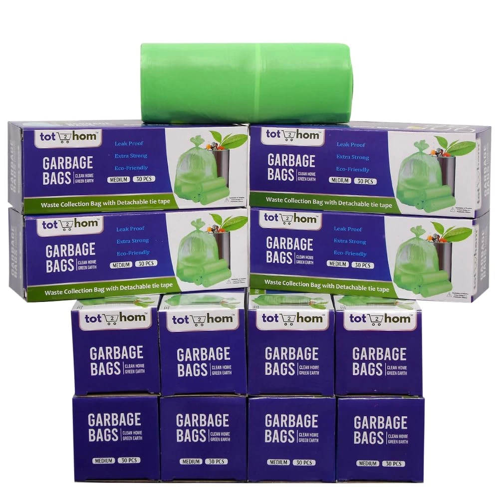 Tot2hom Green Garbage Bags Medium Size 19 x 21 Inches – Pack of 12 Roll - 360 Bags | with Tie-String | Strong Leak-Proof Dustbin Covers/waste bag/trash bag for Home, Office, Kitchen, Bathroom