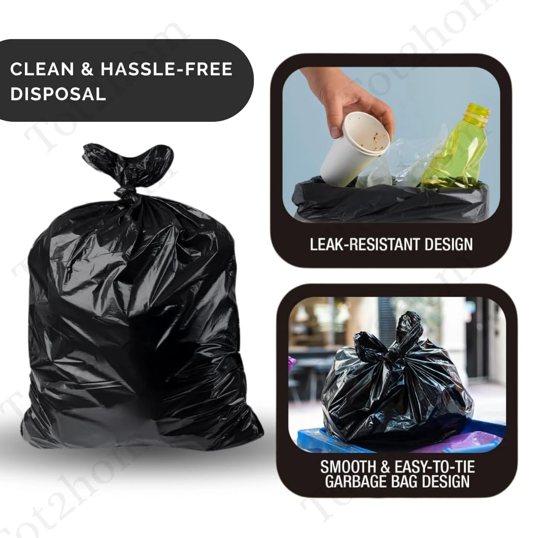 Tot2hom Large Size Garbage Bags Black 25 x 30 Inches – Pack of 1 Roll - 30 Bags | with Tie-String | Strong Leak-Proof Dustbin Covers for Home, Kitchen, Restaurants, hospitals, office view 7