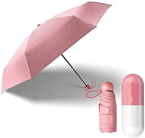 Design Studio - Mini Foldable Waterproof Ultra UV Light Protective Compact & Small Umbrella - Free Cute Capsule Case & Umbrella Hanger - (Colour :- Pink) view 2