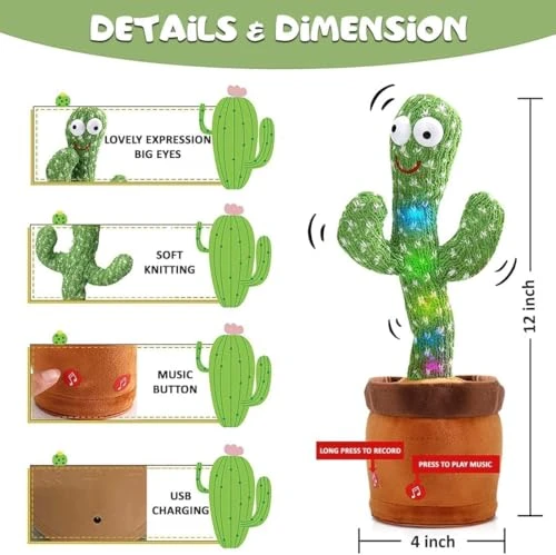 Dancing Cactus Talking Toy, Cactus Plush Rechargeable Toy, Wriggle & Singing Recording Repeat What You Say Funny Education Toys for Babies Children Playing, Home Decorate (Cactus Toy) view 7