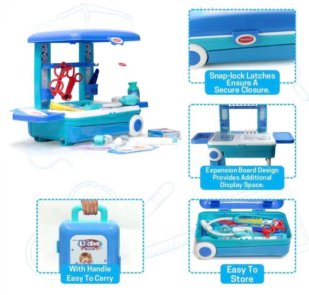 Design Studio Premium Doctor Set Trolley for Kids, LED Light Instruments, Pretend Play Doctor Set Trolley for Kids Above 3 Years, Doctor Kit for Boys & Girls, BIS Approved. (Blue Trolley) view 3