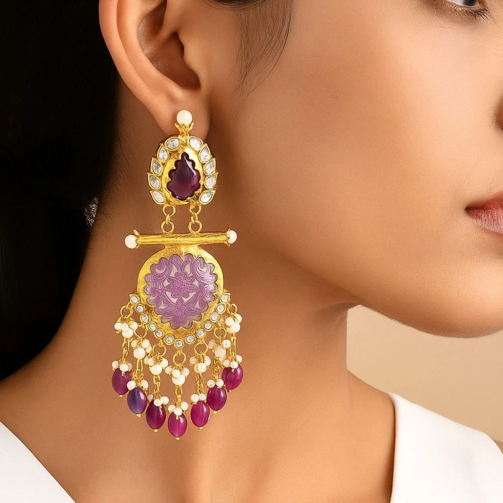 Tahaniya Handcrafted Kundan Pearl Drop Earrings Chandbali Earring view 2