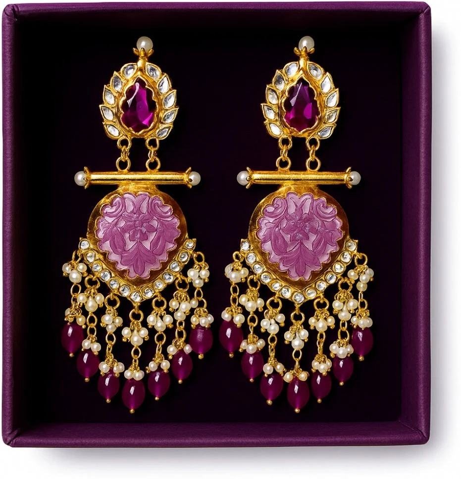 Tahaniya Handcrafted Kundan Pearl Drop Earrings Chandbali Earring view 5