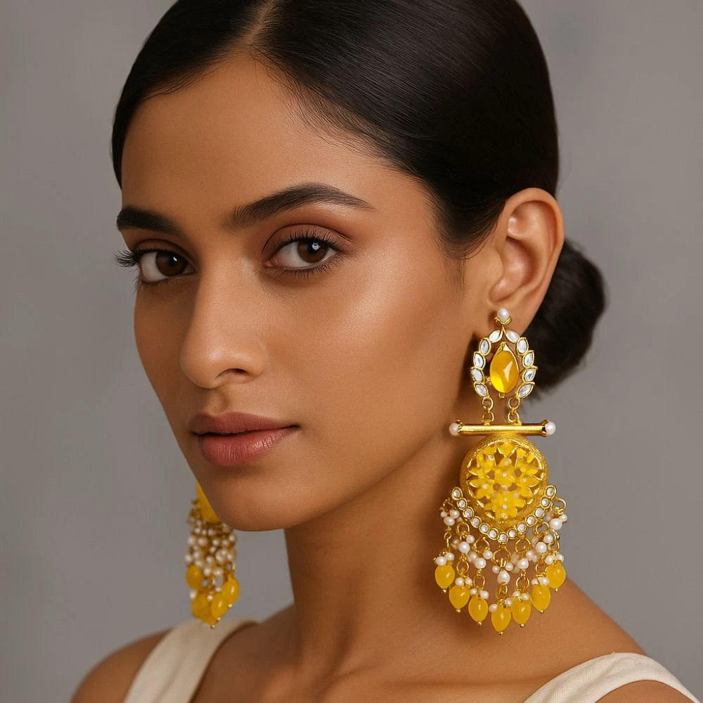 Tahaniya Handcrafted Kundan Pearl Drop Earrings Chandbali Earring view 2