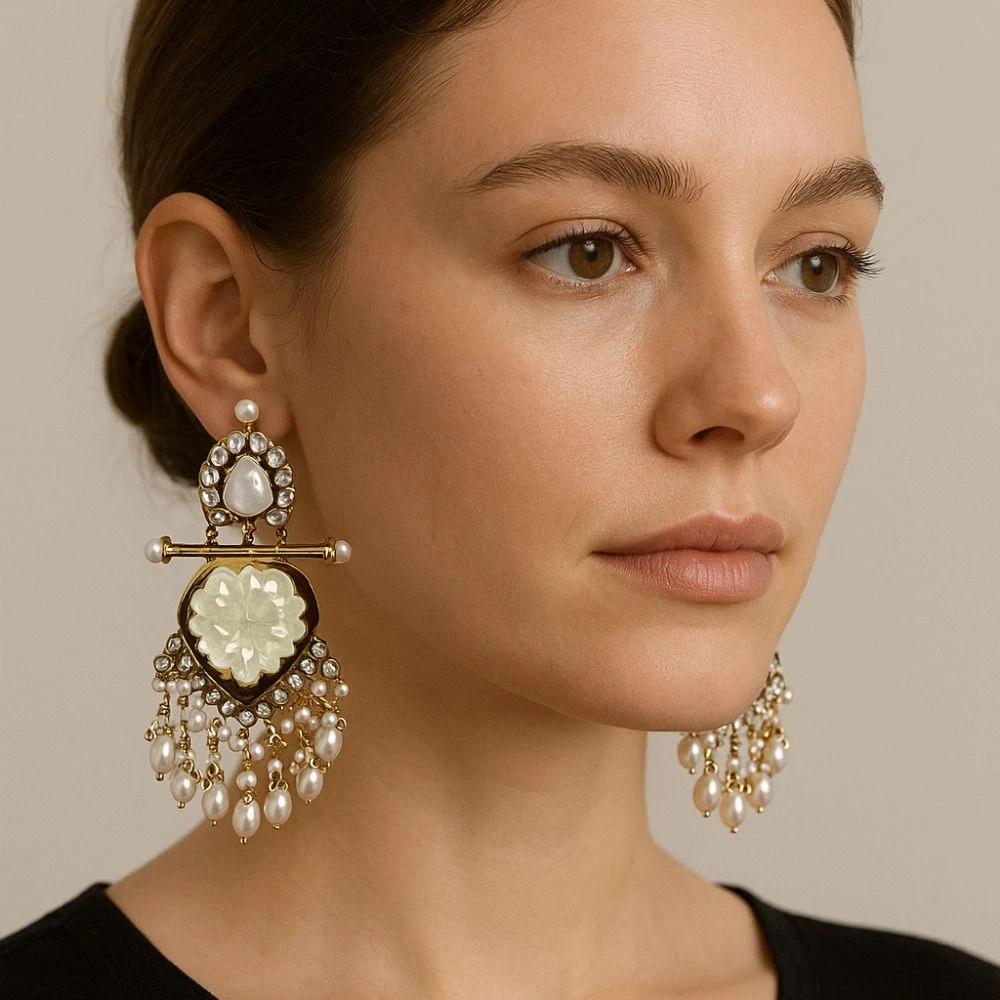 Tahaniya Handcrafted Kundan Pearl Drop Earrings Chandbali Earring view 2