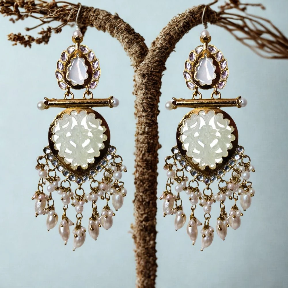 Tahaniya Handcrafted Kundan Pearl Drop Earrings Chandbali Earring view 5