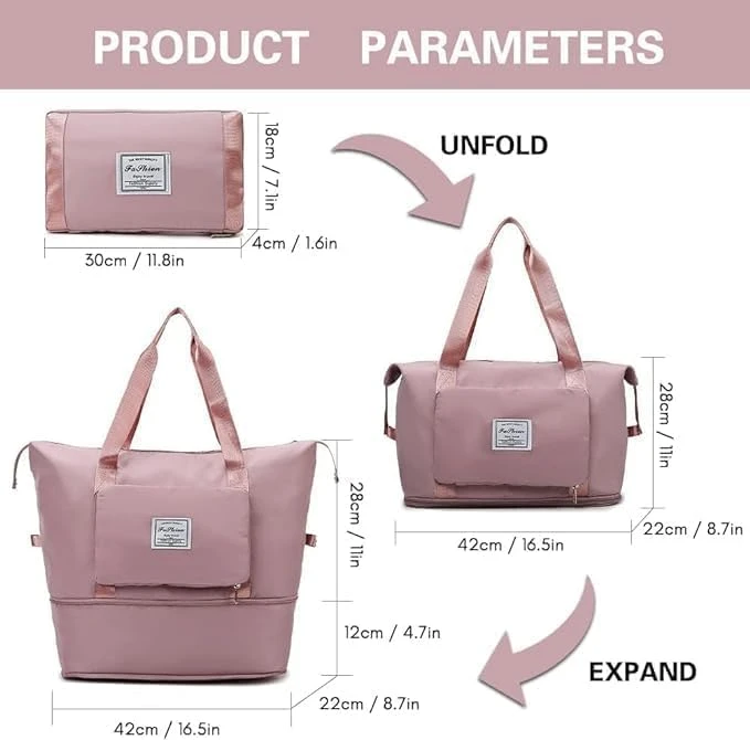 Design Studio Nylon 41 Liter Expandable Travel Bags for Women, Duffle Bags for Women Luggage, Foldable Vanity Traveling Bag, Waterproof Hand Bag for Ladies Personal Items,Pink view 3