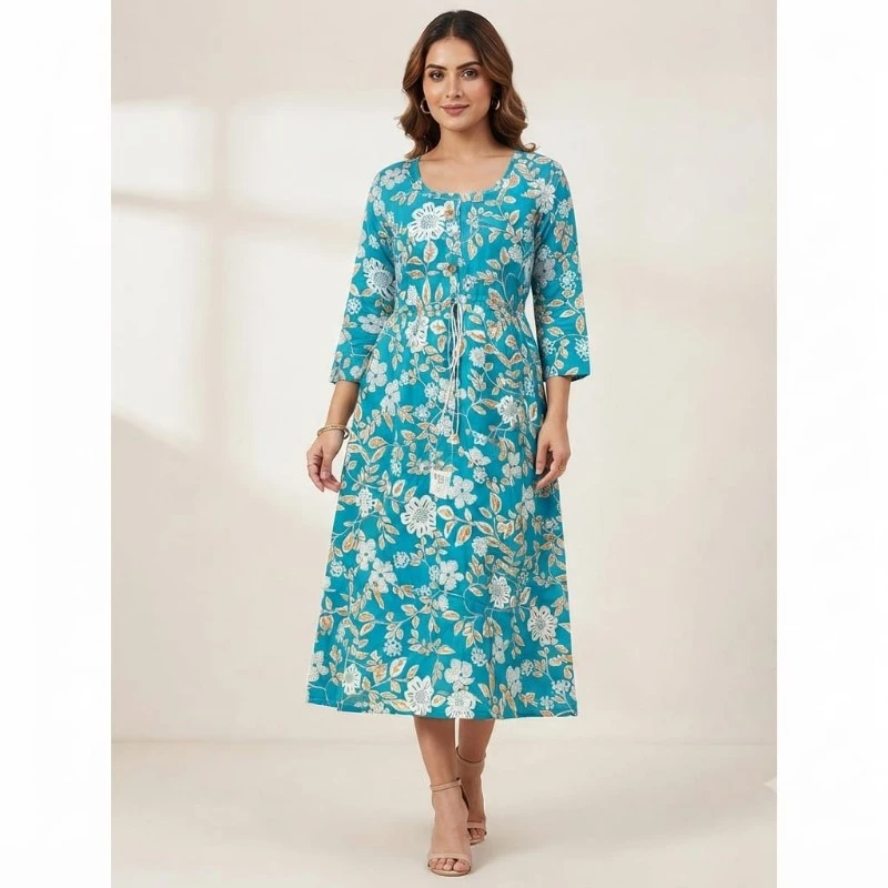 Elegant Teal Floral Print A-line Cotton Midi Dress