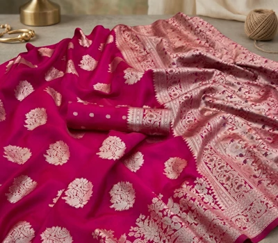 Woman wearing a bright pink silk saree with gold zari motifs and border, paired with a golden blouse