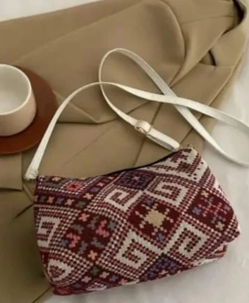 Women's Maroon Geometric Woven Jute Sling Bag