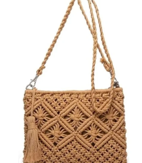 Women's Handwoven Macrame Jute Sling Bag with Tassel