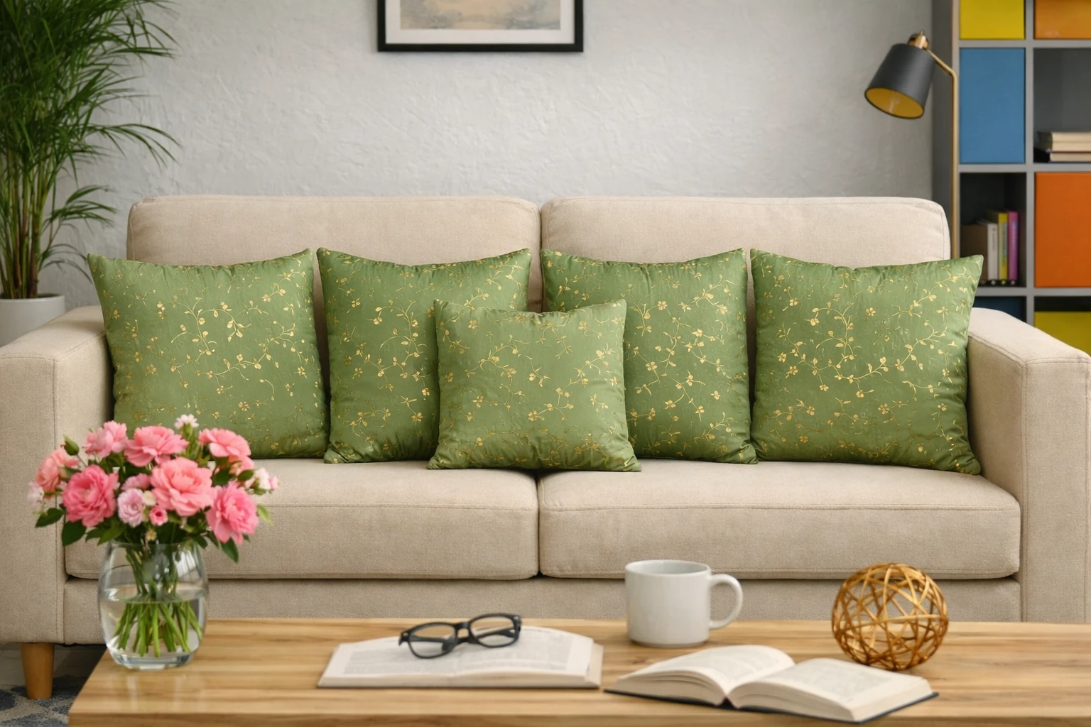 5 Green Floral Decorative Cushion Cover Set