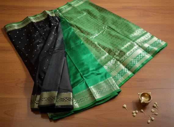 Woman wearing a black silk saree with green border and silver zari detailing in a garden setting