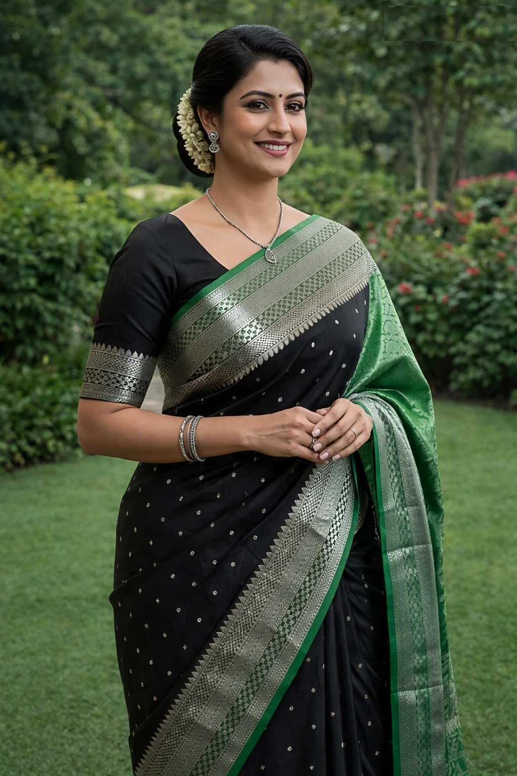 Women's Black Silk Saree with Green Border and Silver Zari Work