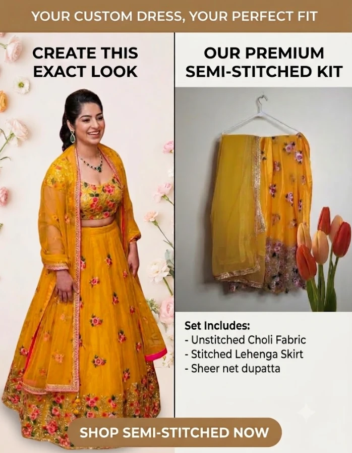 Women’s Yellow Floral Embroidered Semi-stitched Lehenga Set with Dupatta view 2