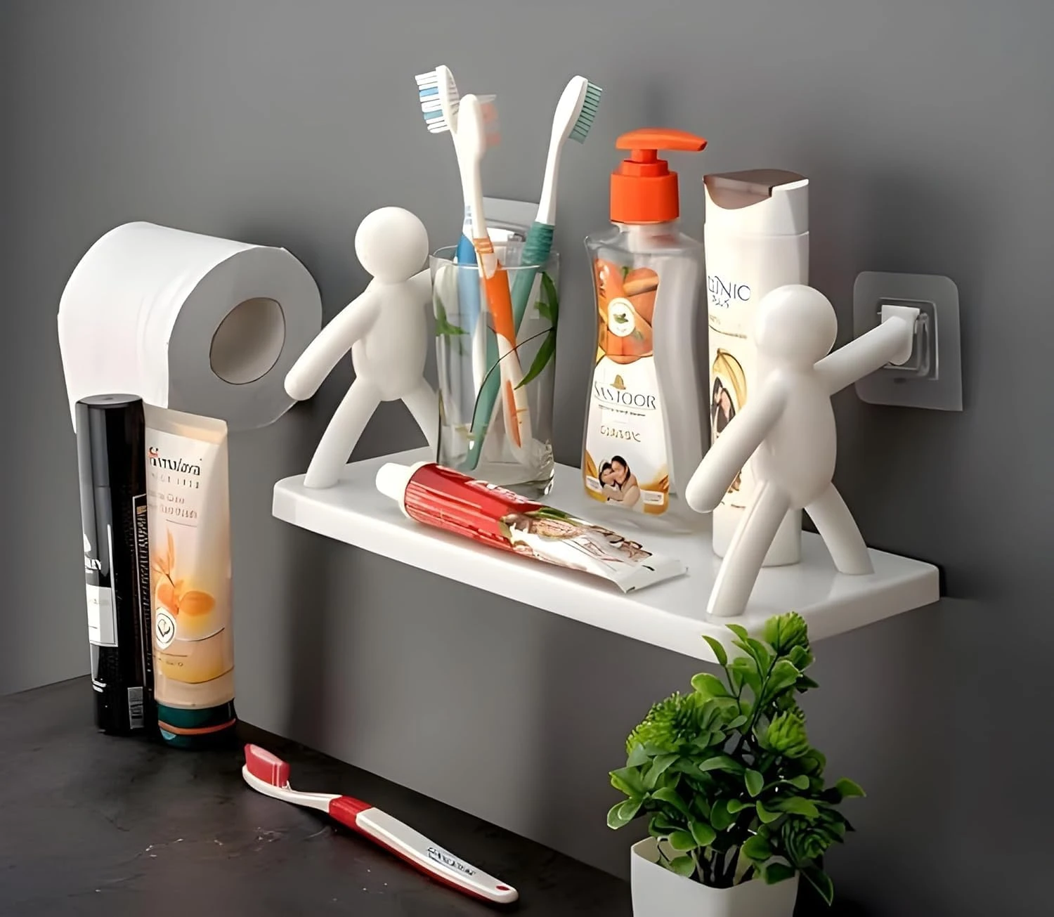 Design Studio Wall Mounted Plastic Bathroom Shelf/Wall Shelf/Wall Mounted Shelf/Self Adhesive with 2 Self dhesive Stickers (White) view 1