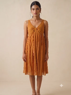Women's Brown Pleated A-Line Dress