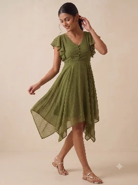 Women's Green Sheer Ruffle Dress