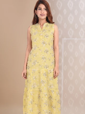 Women's Yellow Floral Print Tiered Dress