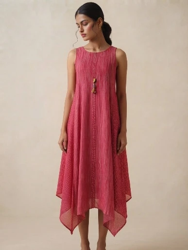 Women's Red Embroidered Asymmetric Hem Dress