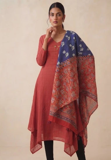 Women's Red Asymmetric Hem Kurta with Scarf