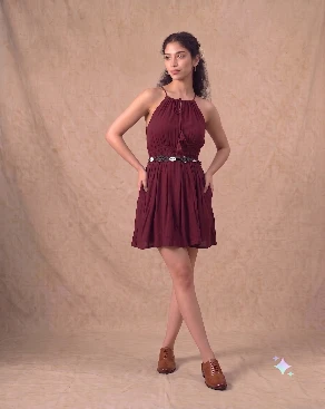 Women's Maroon Halterneck Belted Jumpsuit