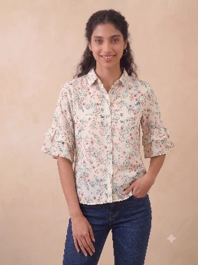 Women's White Floral Print Relaxed Fit Shirt